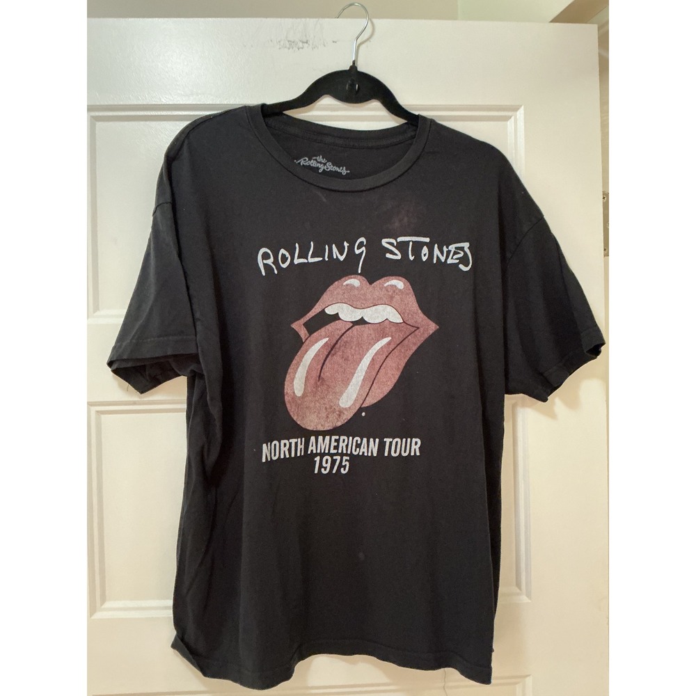 Rolling Stones North American Tour 1975 Graphic T-Shirt Black Cotton Large